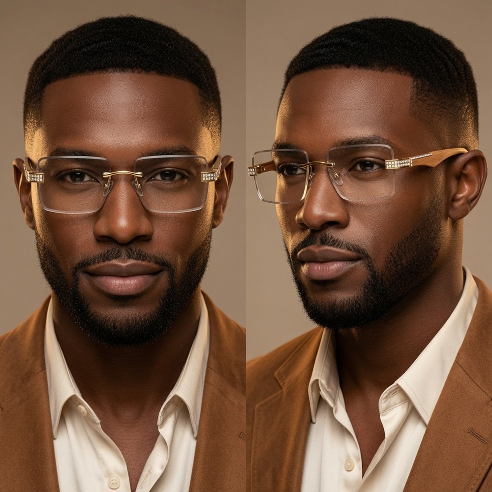 Rimless‎ Rectangle Hip Hop Sunglasses Wood Grain Arms Rhinestone Accents Men New